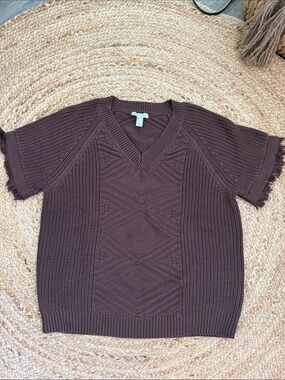 Textured V-Neck Short Sleeve Knit Top - Brown